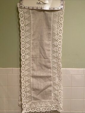 Bella Casa Linen Table Runner with Crochet Lace Trim - Ivory Size 14X72”
